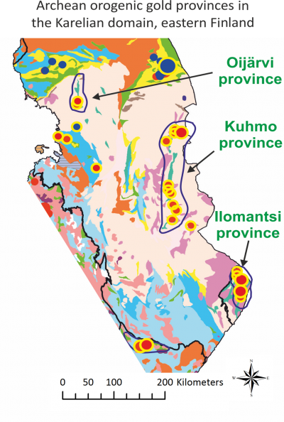 Archean orogenic gold provinces in the Karelian domain, eastern Finland.