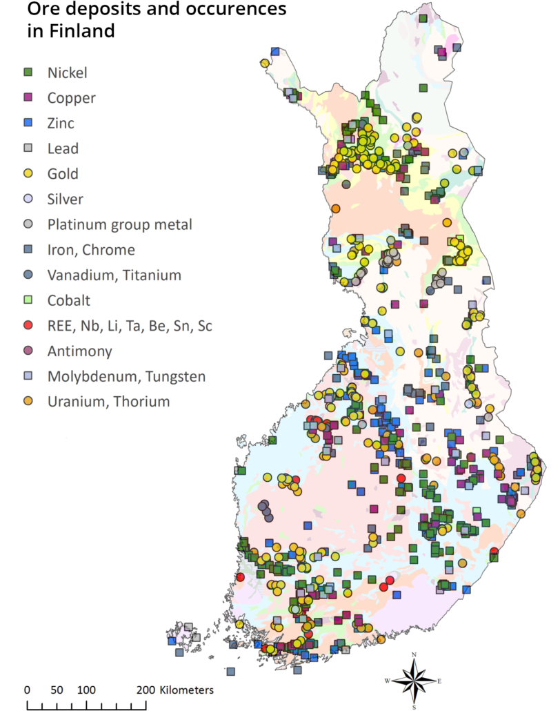 Ore deposits and occurences in Finland